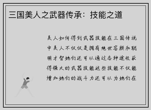三国美人之武器传承:技能之道